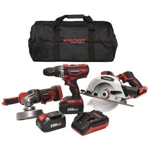 Set Worcraft SW-01, 20V sada aku náradia okružná píla, uhlová brúska, skrutkovač, 2xaku